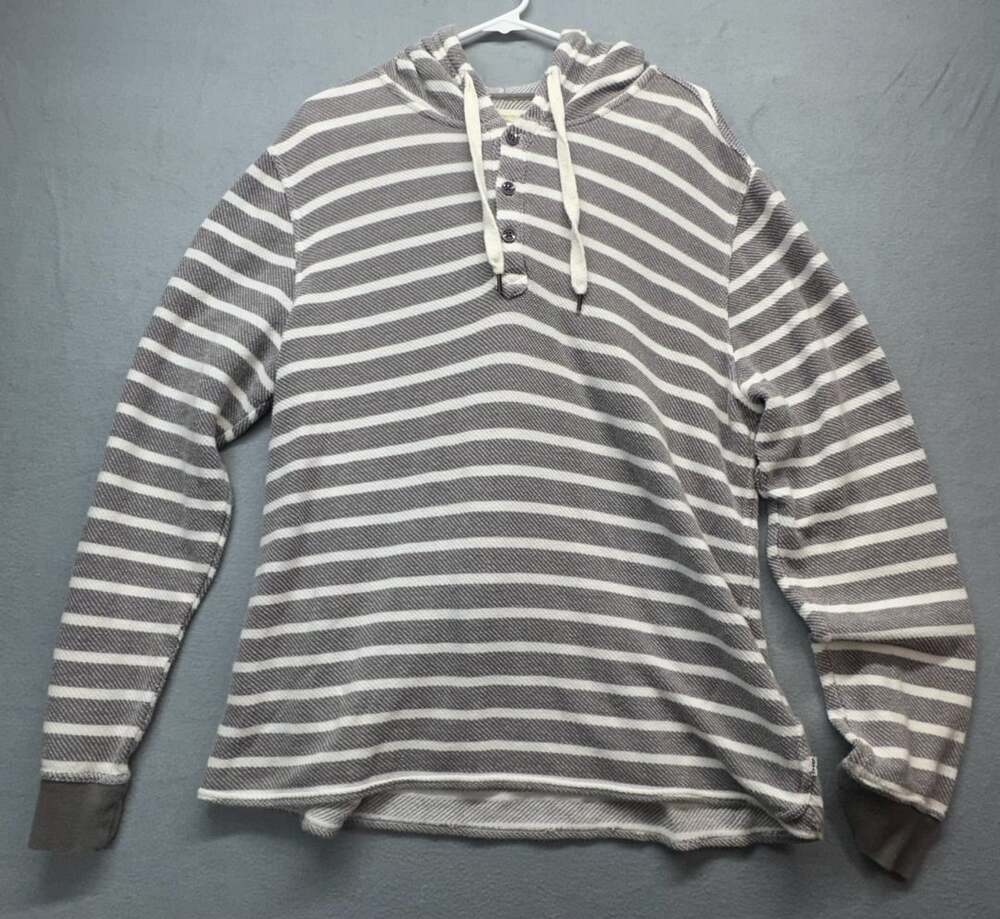 Levi's Striped Hooded Henley Size L Gray White Waffle Knit Pullover Hoodie